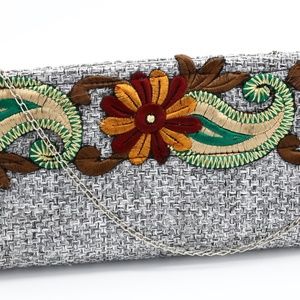 GRAY FABRIC CLUTCH WITH EMBROIDERY